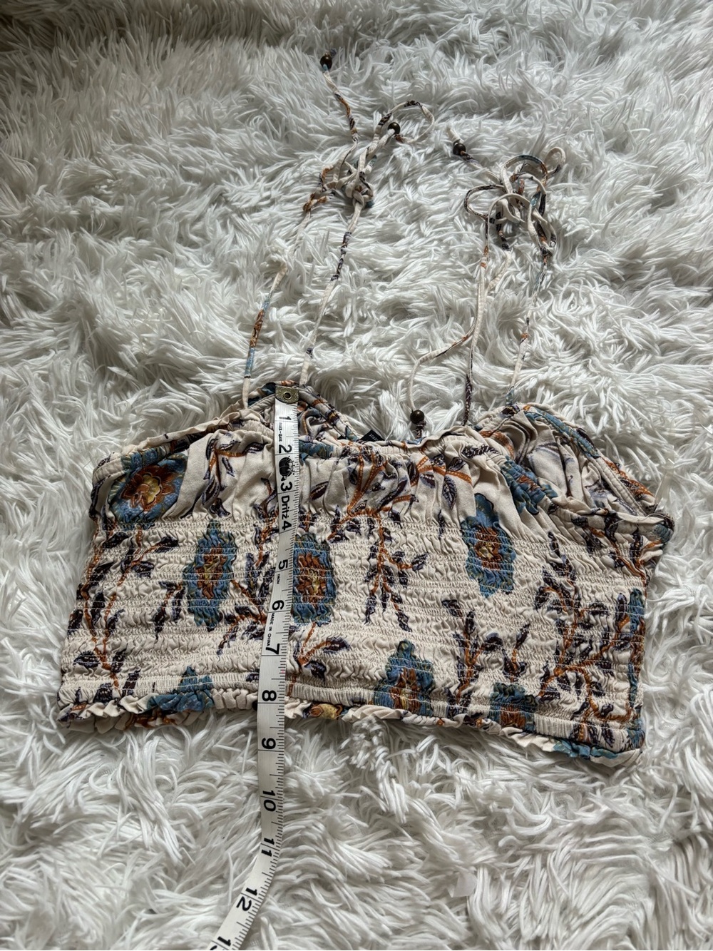 Angie Cream Floral Smocked Crop Top with Blue & Rust Accents - Picture 4 of 5